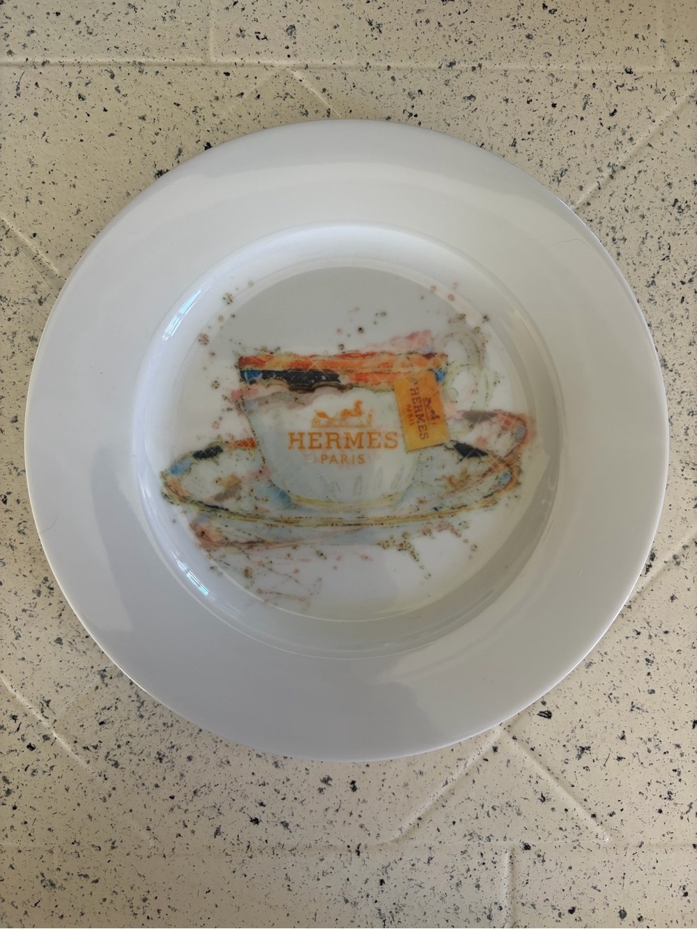 Paris Teacup Decorative Plate in White with Multicolor Accent Handmade